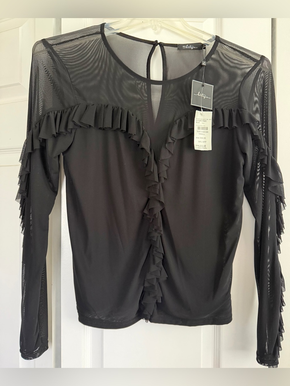 BKE Boutique Black Ruffle Mesh Long Sleeve Top